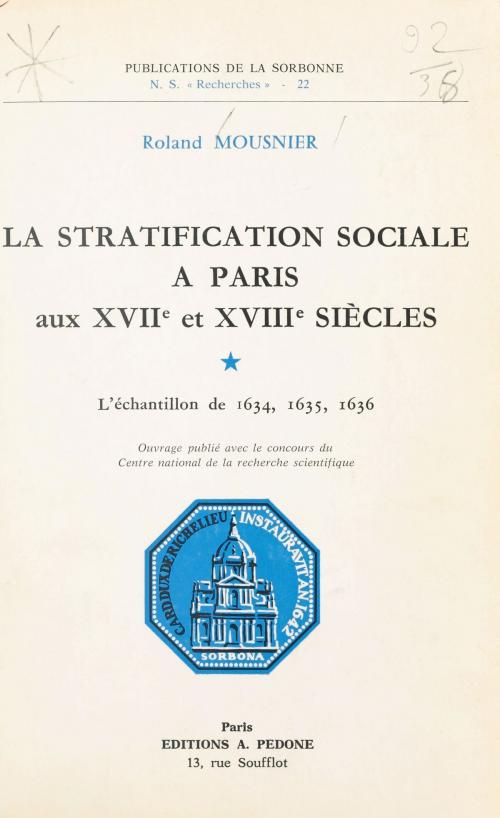 Cover of the book La Stratification sociale à Paris aux XVIIe et XVIIIe siècles by Roland Mousnier, FeniXX réédition numérique