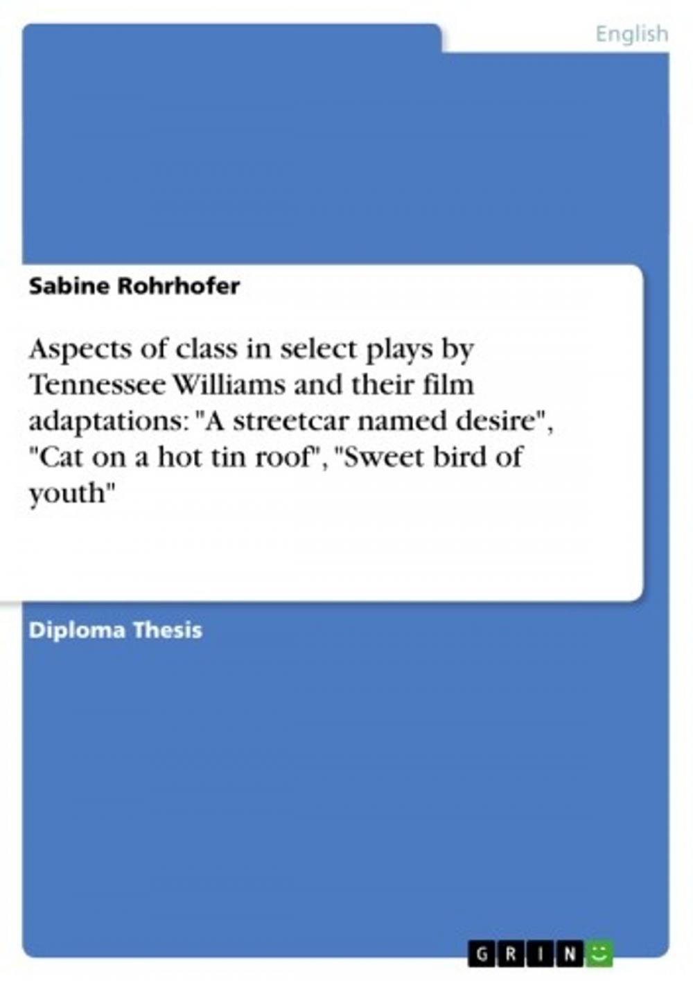 Big bigCover of Aspects of class in select plays by Tennessee Williams and their film adaptations: 'A streetcar named desire', 'Cat on a hot tin roof', 'Sweet bird of youth'