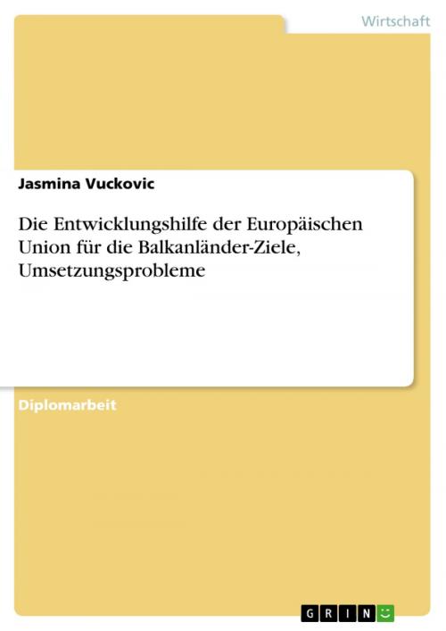 Cover of the book Die Entwicklungshilfe der Europäischen Union für die Balkanländer-Ziele, Umsetzungsprobleme by Jasmina Vuckovic, GRIN Verlag