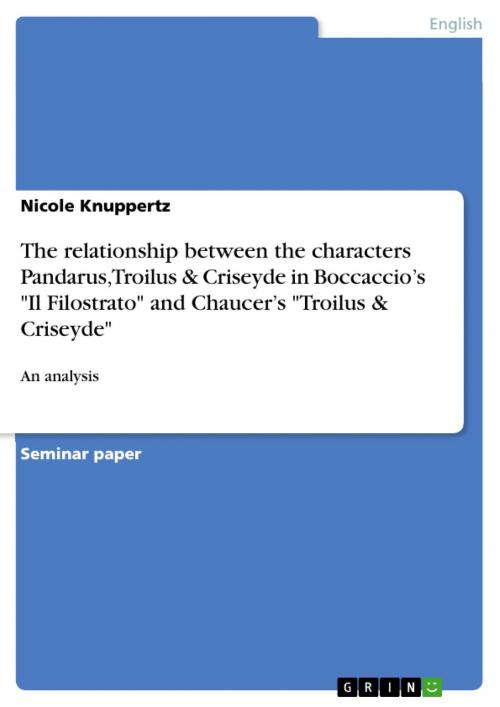 Cover of the book The relationship between the characters Pandarus, Troilus & Criseyde in Boccaccio's 'Il Filostrato' and Chaucer's 'Troilus & Criseyde' by Nicole Knuppertz, GRIN Verlag