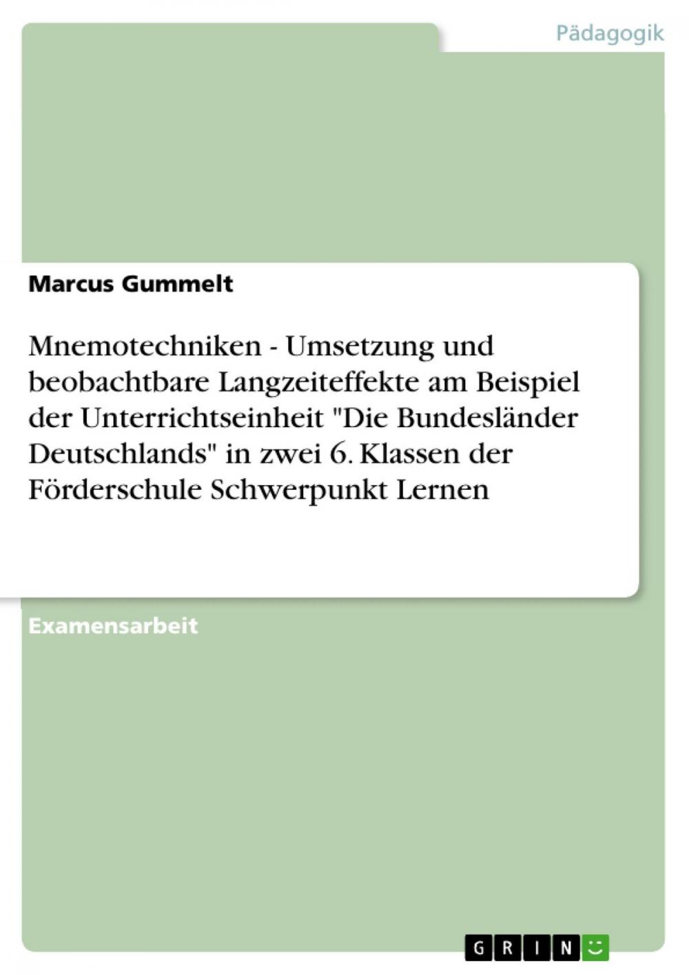 Big bigCover of Mnemotechniken - Umsetzung und beobachtbare Langzeiteffekte am Beispiel der Unterrichtseinheit 'Die Bundesländer Deutschlands' in zwei 6. Klassen der Förderschule Schwerpunkt Lernen