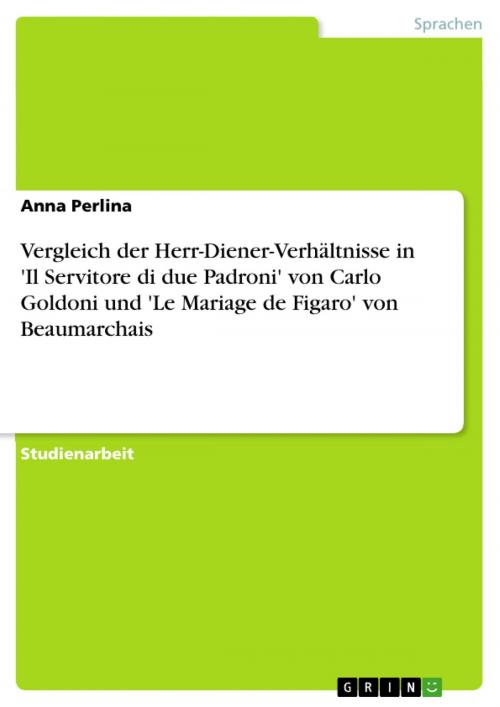 Cover of the book Vergleich der Herr-Diener-Verhältnisse in 'Il Servitore di due Padroni' von Carlo Goldoni und 'Le Mariage de Figaro' von Beaumarchais by Anna Perlina, GRIN Verlag