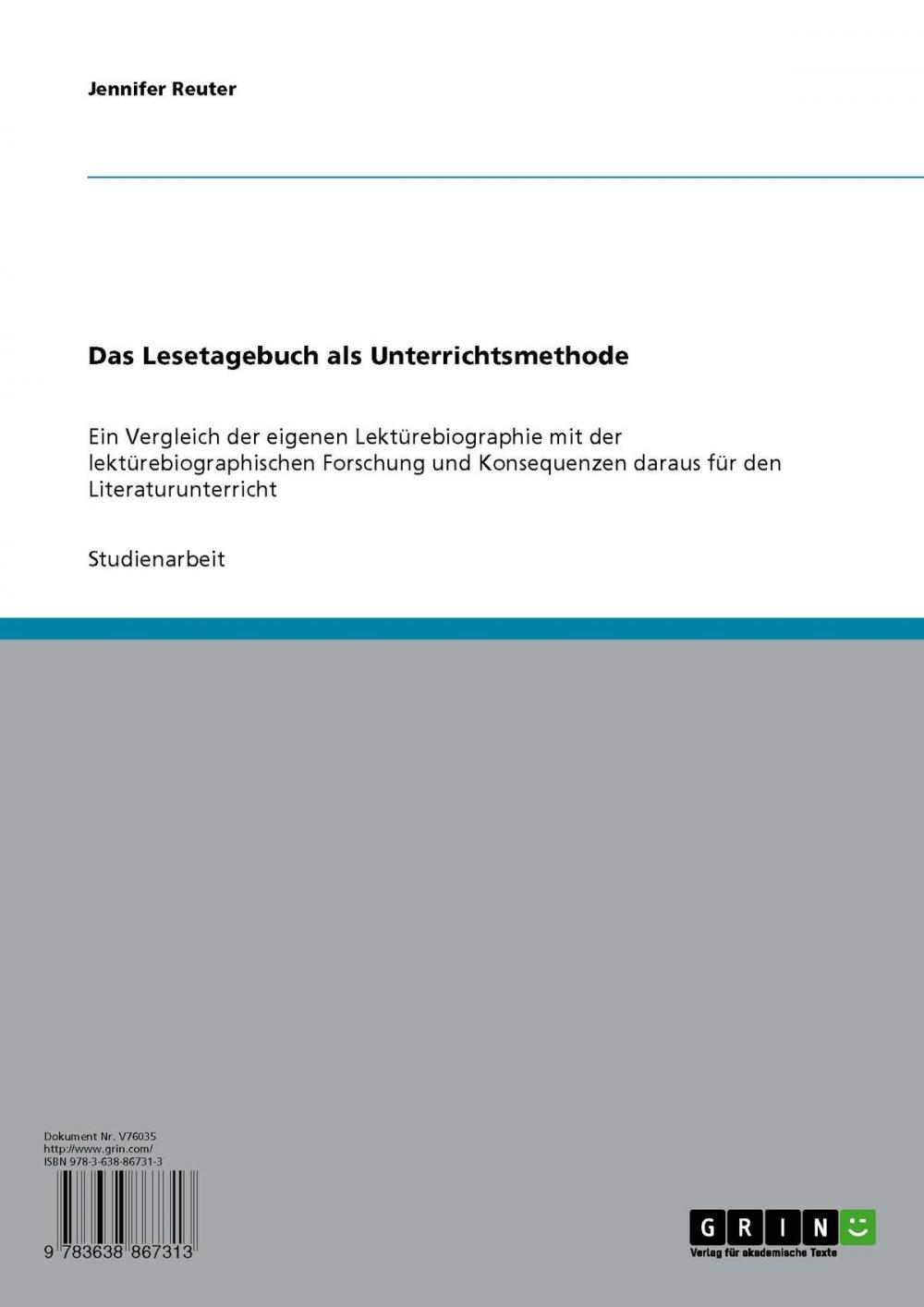 Big bigCover of Das Lesetagebuch als Unterrichtsmethode