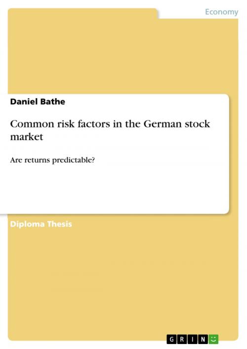 Cover of the book Common risk factors in the German stock market by Daniel Bathe, GRIN Publishing