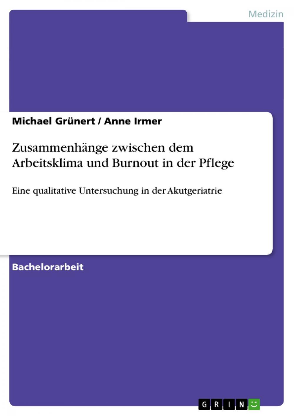 Big bigCover of Zusammenhänge zwischen dem Arbeitsklima und Burnout in der Pflege