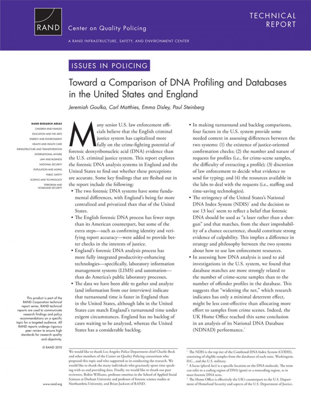 Big bigCover of Toward a Comparison of DNA Profiling and Databases in the United States and England