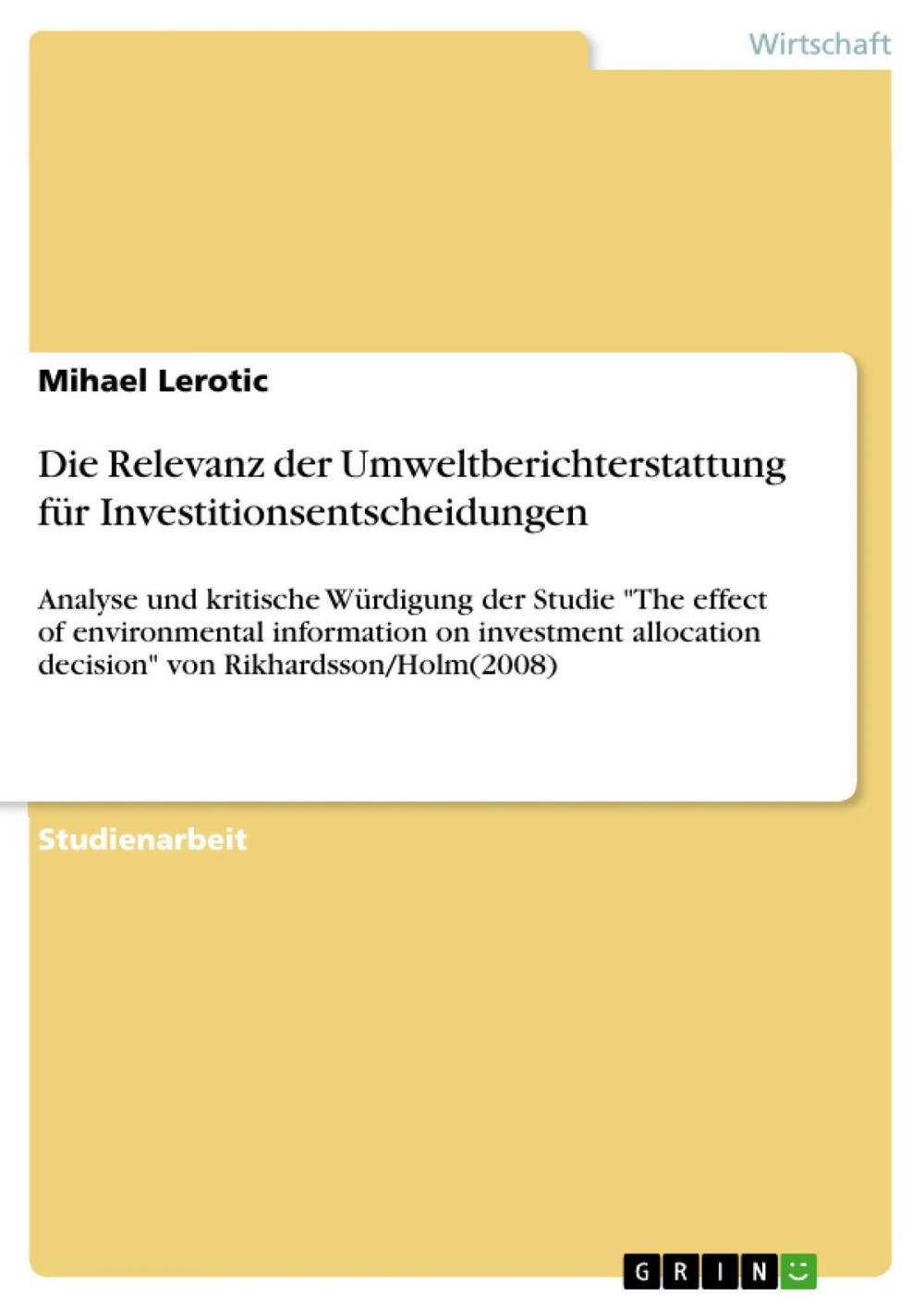 Big bigCover of Die Relevanz der Umweltberichterstattung für Investitionsentscheidungen