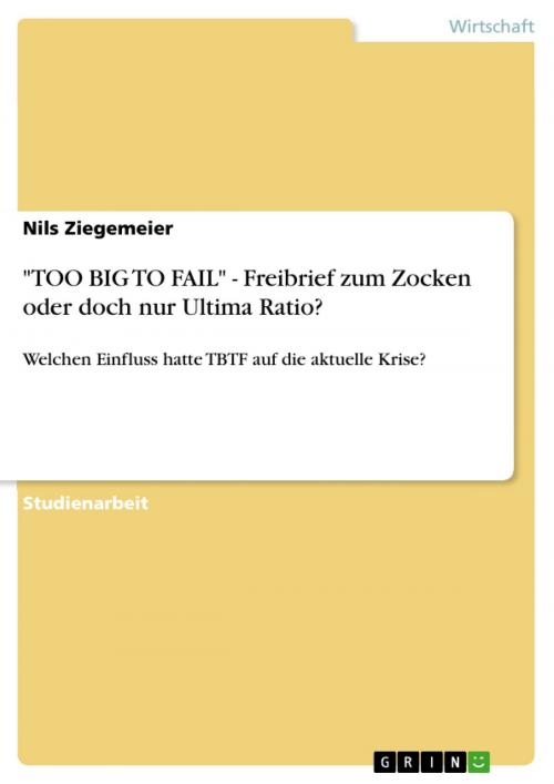 Cover of the book 'TOO BIG TO FAIL' - Freibrief zum Zocken oder doch nur Ultima Ratio? by Nils Ziegemeier, GRIN Verlag