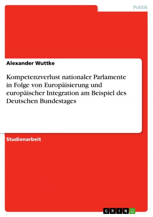 Cover of the book Kompetenzverlust nationaler Parlamente in Folge von Europäisierung und europäischer Integration am Beispiel des Deutschen Bundestages by Alexander Wuttke, GRIN Verlag