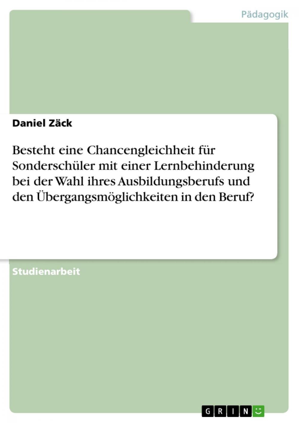 Big bigCover of Besteht eine Chancengleichheit für Sonderschüler mit einer Lernbehinderung bei der Wahl ihres Ausbildungsberufs und den Übergangsmöglichkeiten in den Beruf?