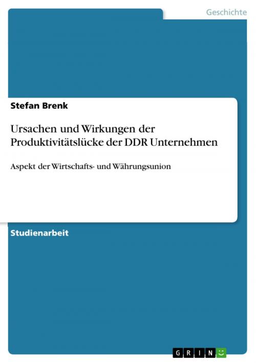 Cover of the book Ursachen und Wirkungen der Produktivitätslücke der DDR Unternehmen by Stefan Brenk, GRIN Verlag