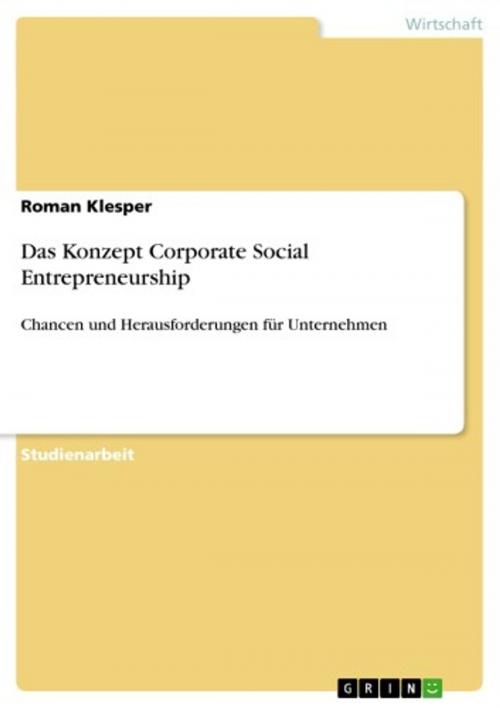 Cover of the book Das Konzept Corporate Social Entrepreneurship by Roman Klesper, GRIN Verlag