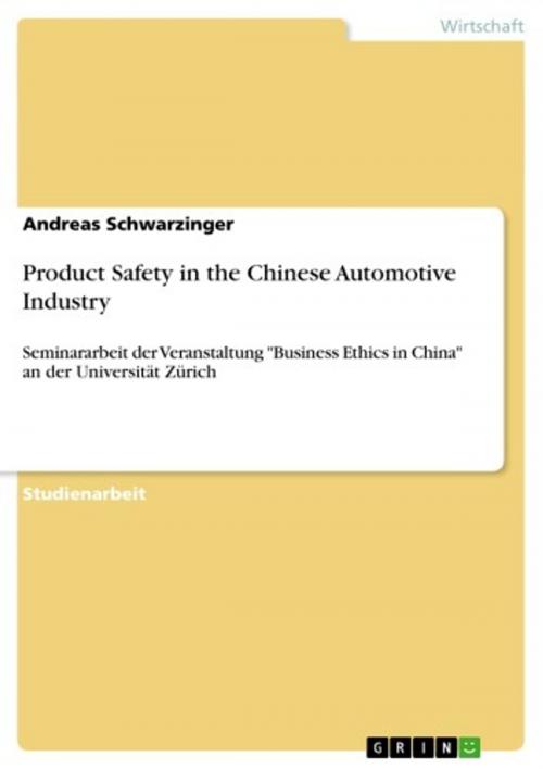 Cover of the book Product Safety in the Chinese Automotive Industry by Andreas Schwarzinger, GRIN Verlag