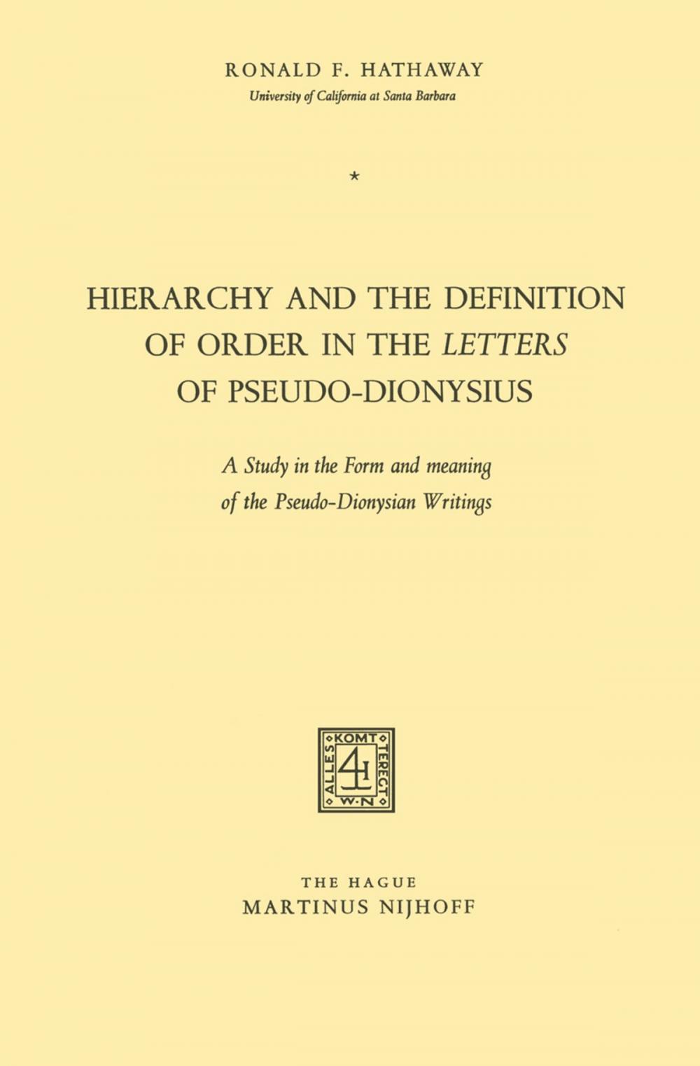 Big bigCover of Hierarchy and the Definition of Order in the Letters of Pseudo-Dionysius