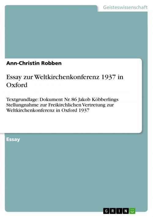 Cover of the book Essay zur Weltkirchenkonferenz 1937 in Oxford by Ann-Christin Robben, GRIN Verlag