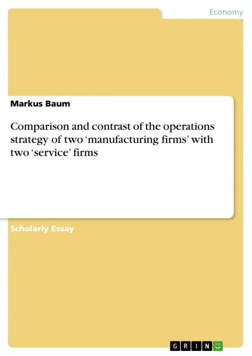 Cover of the book Comparison and contrast of the operations strategy of two 'manufacturing firms' with two 'service' firms by Markus Baum, GRIN Verlag