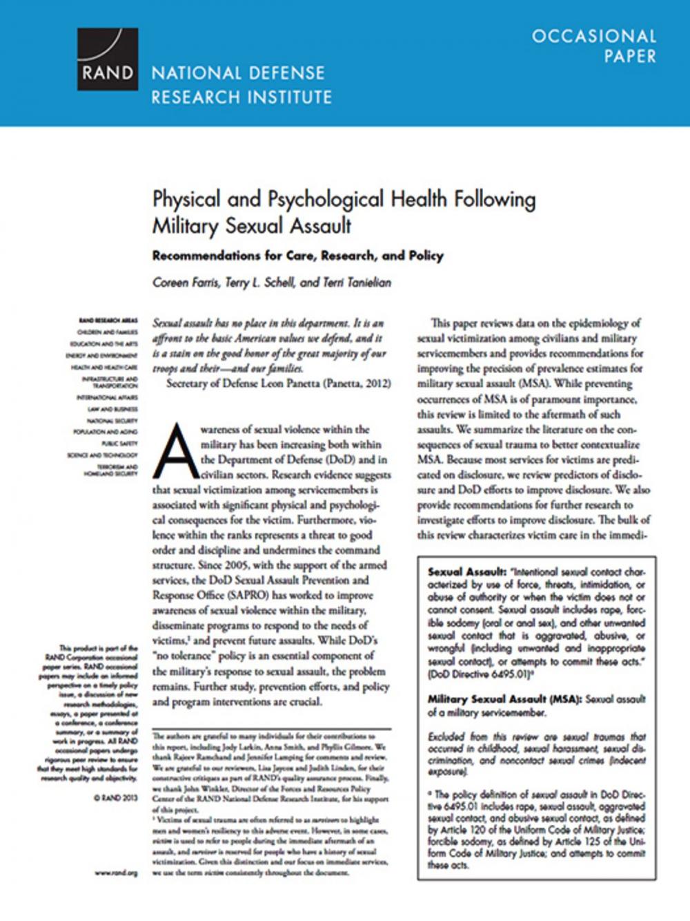 Big bigCover of Physical and Psychological Health Following Military Sexual Assault