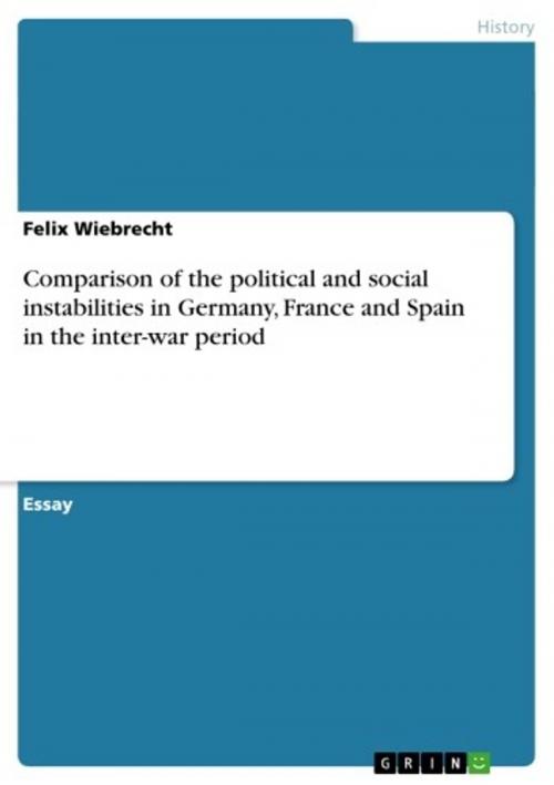 Cover of the book Comparison of the political and social instabilities in Germany, France and Spain in the inter-war period by Felix Wiebrecht, GRIN Verlag