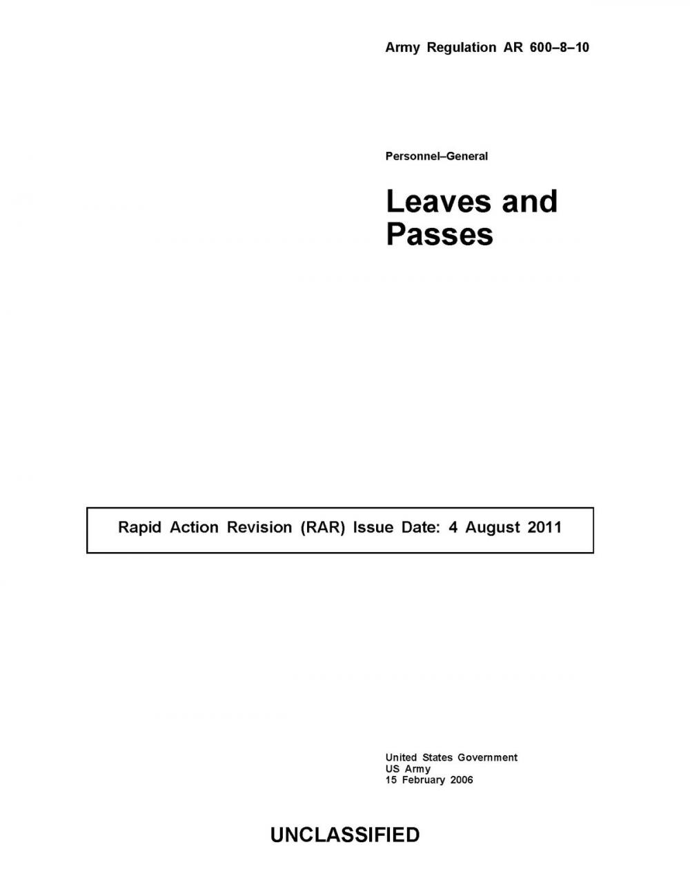 Big bigCover of Army Regulation AR 600-8-10 Personnel-General Leaves and Passes August 2011