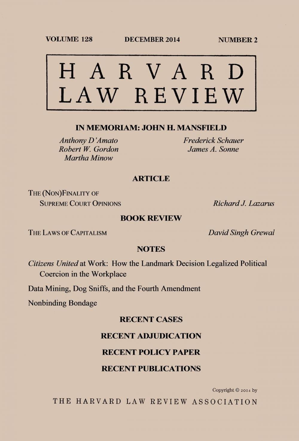 Big bigCover of Harvard Law Review: Volume 128, Number 2 - December 2014