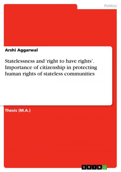 Cover of the book Statelessness and 'right to have rights'. Importance of citizenship in protecting human rights of stateless communities by Arshi Aggarwal, GRIN Verlag