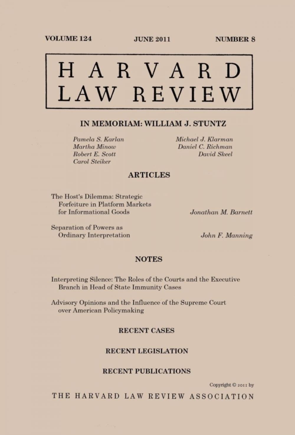 Big bigCover of Harvard Law Review: Volume 124, Number 8 - June 2011