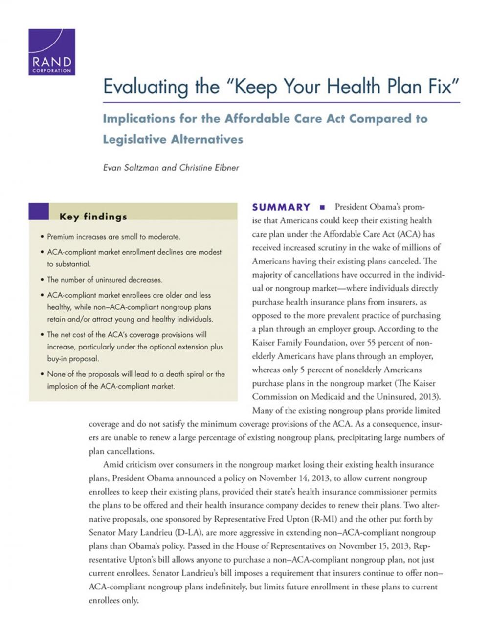 Big bigCover of Evaluating the "Keep Your Health Plan Fix"