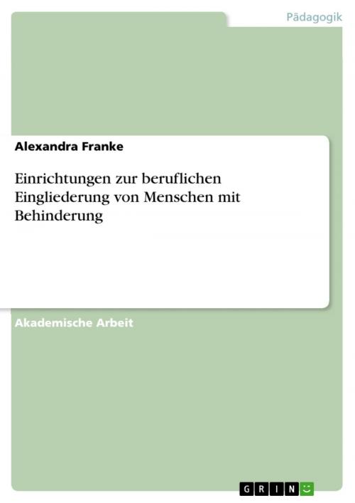 Cover of the book Einrichtungen zur beruflichen Eingliederung von Menschen mit Behinderung by Alexandra Franke, GRIN Verlag