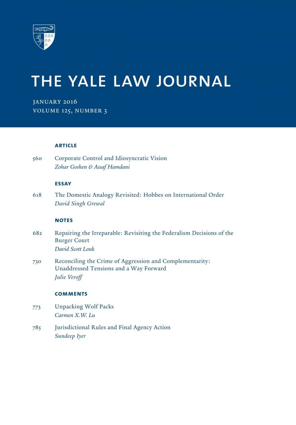 Big bigCover of Yale Law Journal: Volume 125, Number 3 - January 2016