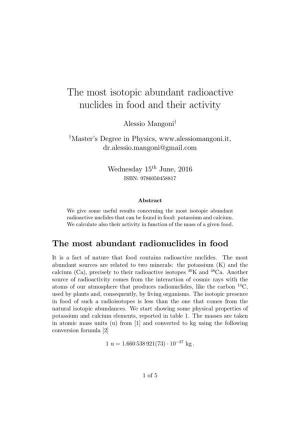Cover of the book The most isotopic abundant radioactive nuclides in food and their activity by Antonio Vincenti
