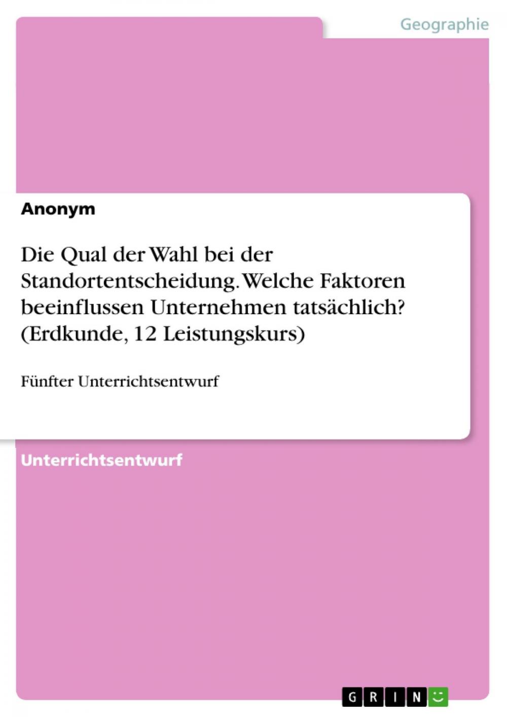 Big bigCover of Die Qual der Wahl bei der Standortentscheidung. Welche Faktoren beeinflussen Unternehmen tatsächlich? (Erdkunde, 12 Leistungskurs)