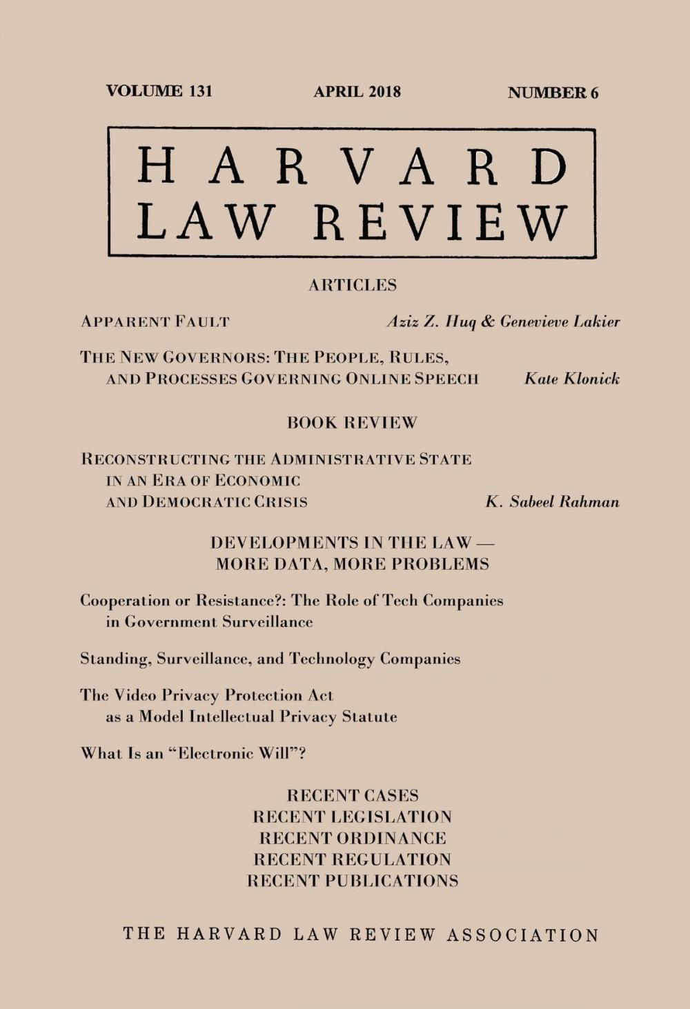 Big bigCover of Harvard Law Review: Volume 131, Number 6 - April 2018